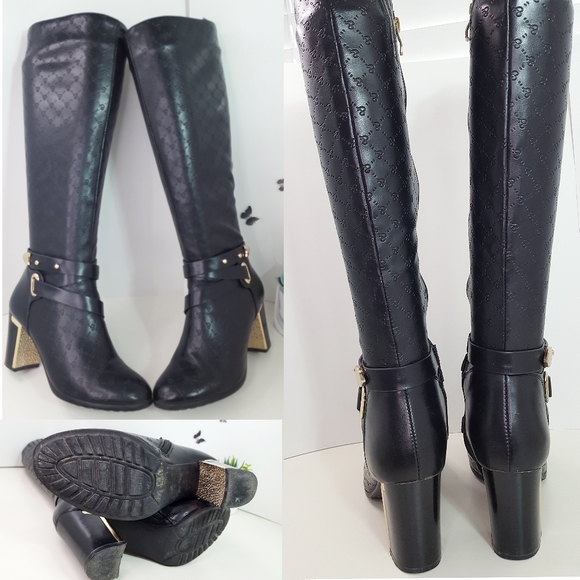 FELLINI🔥Black Knee High| Round Toe|Block Goden Heels - Picture 8 of 15